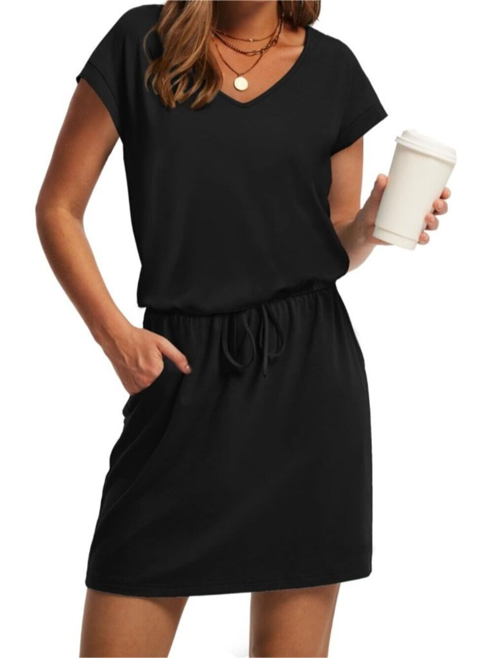 V-Neck Tie Waist Mini Dress with Pockets